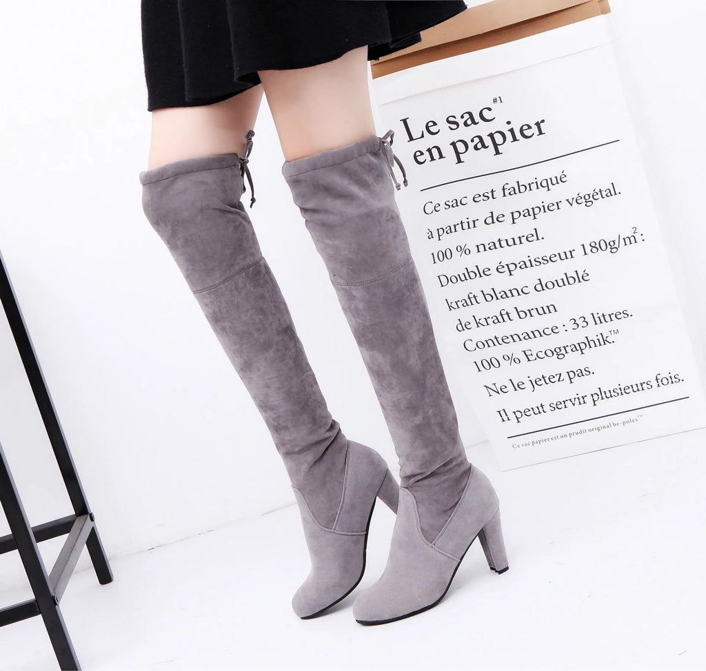 Suede Female Heels Autumn/ winter Zipper Elastic Knee-high Boots for Women Tube Lace-up Thigh Boots Black Botas