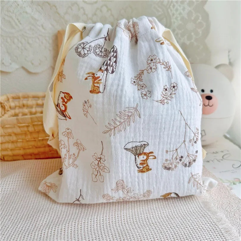 Natural Cotton Mommy Storage Bags Outdoor Baby Diaper Carrier Cute Sunshine Rainbow Printing Drawstring Pouches 27x25cm