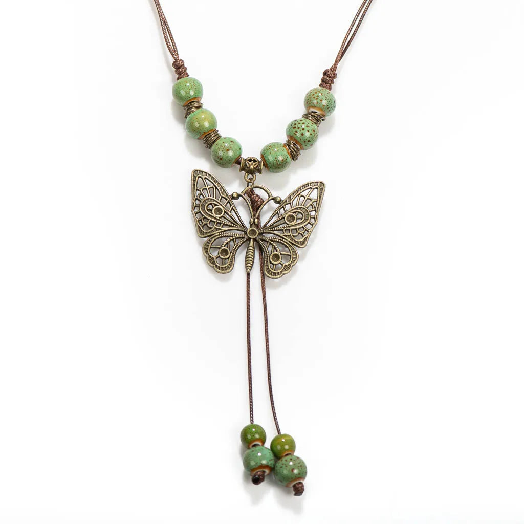 Bohemian Vintage Butterfly Necklace, Ceramic Beads, Adjustable Pendant, DIY Gift, Drop Shipping, XPF001