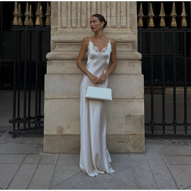Chic Lace Patchwork Sling Maxi Dress Women Sexy V-neck Sleeveless Backless Satin Slim Long Gown Lady Evening Party Dresses 2026