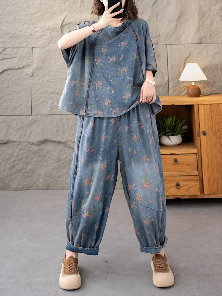 AmaxluluE 2025 Summer Women Denim Suits Loose Printed Two Pieces Sets Floral Outfit O Neck Tops Tees Vintage Jeans Fashion Pants