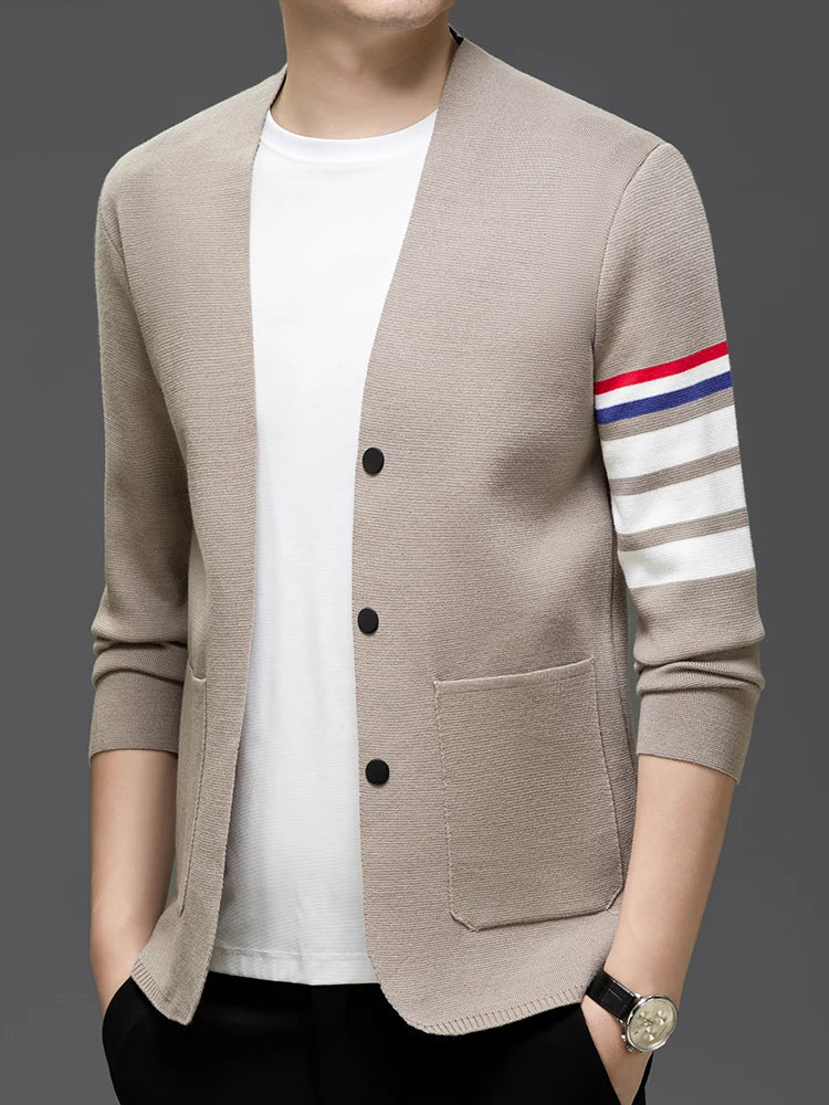 Spring Autumn New Men's V-Neck Knitted Cardigan High Quality Color Blocked Striped Breathable Pocket Sweater Versatile Menswear