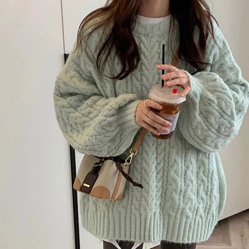 Autumn Winter Women Knit Sweater Korean Oversized Long Sleeve O Neck Pullover Fashion Solid Loose Preppy All Match Jumper Mujer