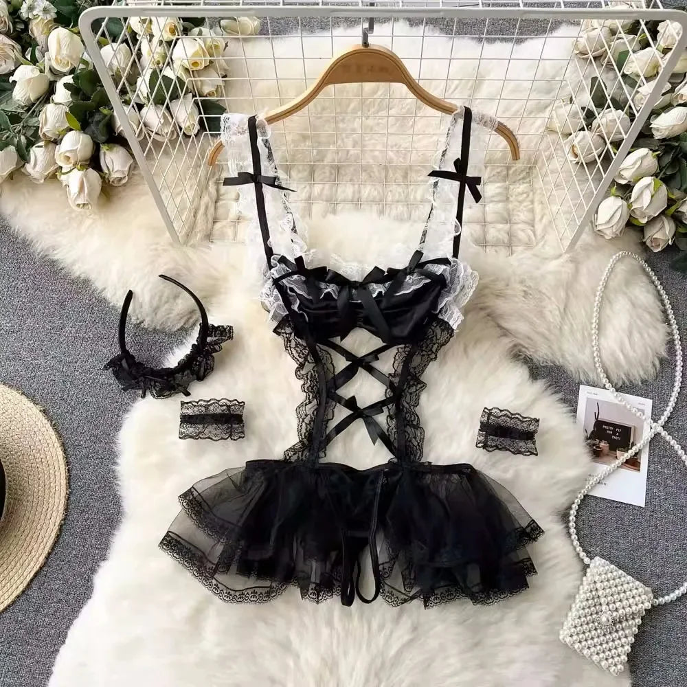 Sexy Cute Sweet Lace Backless Jumpsuit Women Slim Fit Bodysuit Girl Strap Bow knot Cosplay Hot Sweet Bow Ribbon Lingerie Dress