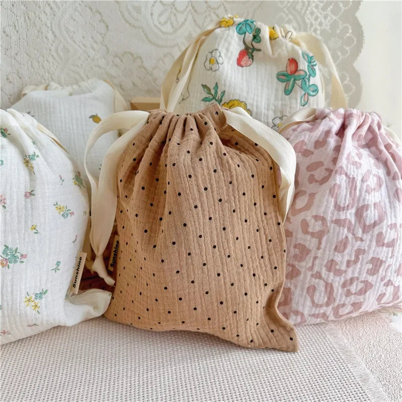 Natural Cotton Mommy Storage Bags Outdoor Baby Diaper Carrier Cute Sunshine Rainbow Printing Drawstring Pouches 27x25cm