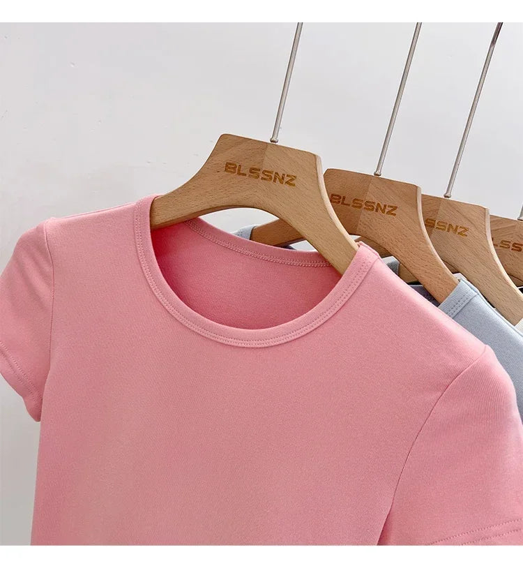 AOSSVIAO 2026 Summer White Cotton O Neck T-shirt Student Short Sleeve Versatile Tops Solid Slim Fit T Shirts Y2k Tee