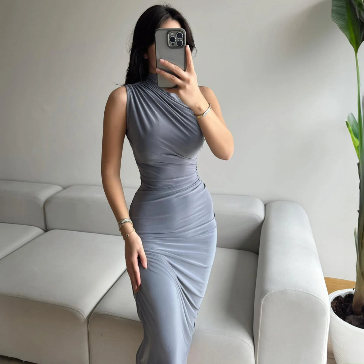 YUZHEXI elegant sleeveless ruched midi dress women commuter bodycon solid color robe black red pink split clothes summer