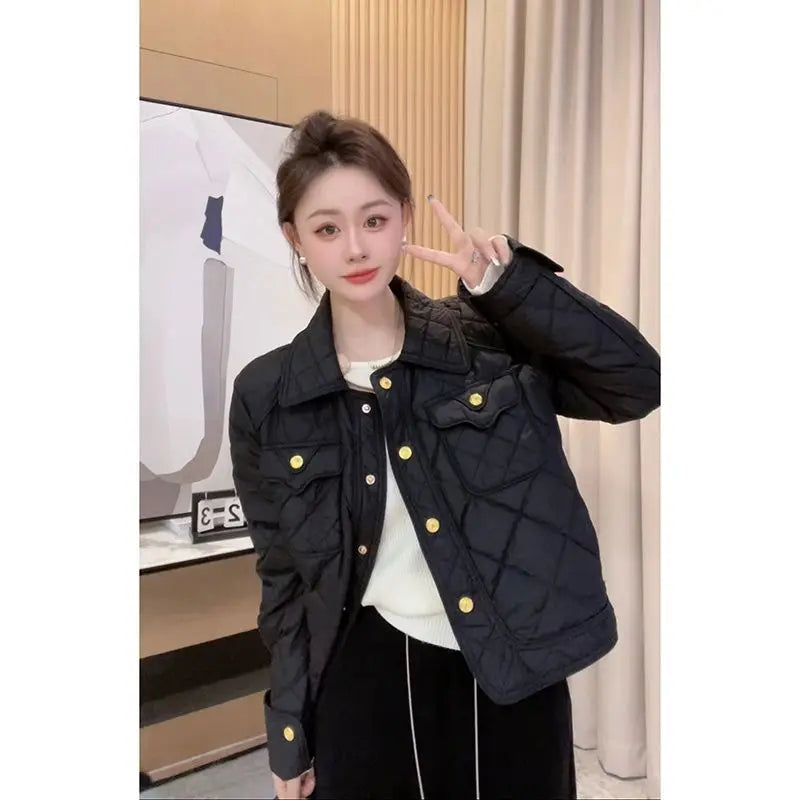 Down Cotton Jacket Women's 2025 Autumn Winter New Light And Thin European High-End sense Niche Rhombus Down Cotton Jacket Parka