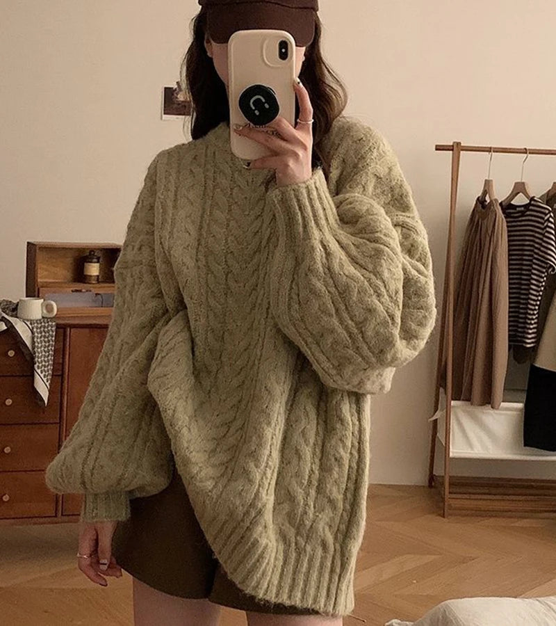 Autumn Winter Women Knit Sweater Korean Oversized Long Sleeve O Neck Pullover Fashion Solid Loose Preppy All Match Jumper Mujer