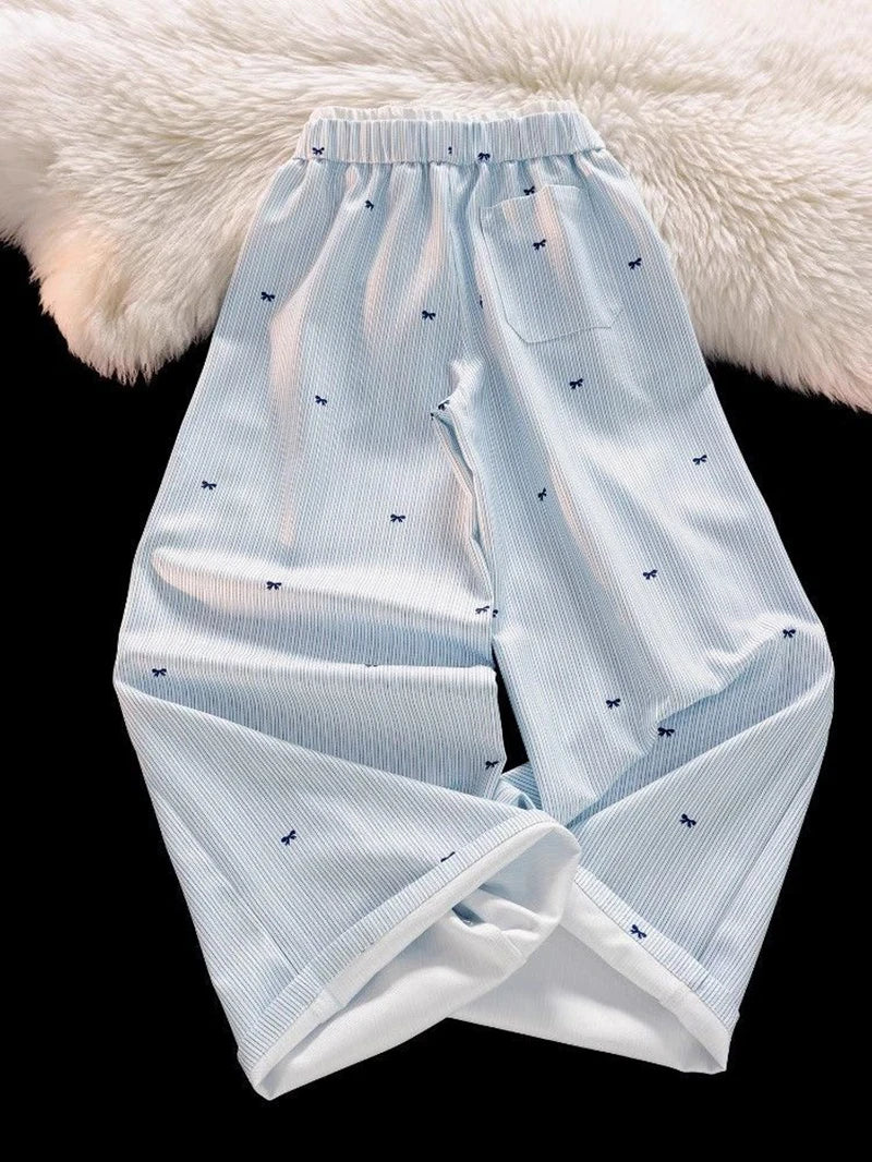Zoki Sweet Bow Striped Pants Women High Waist Korean Casual Wide Leg Trousers Elegant Fashion Loose Cute Female Spring Pants New