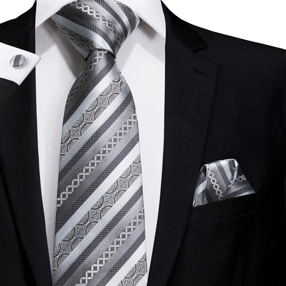 Hi-Tie White Grey Paisley 2026 New Mens Tie Hanky Cufflink Set Necktie For Men Wedding Party Business Men Tie Fashion Brand