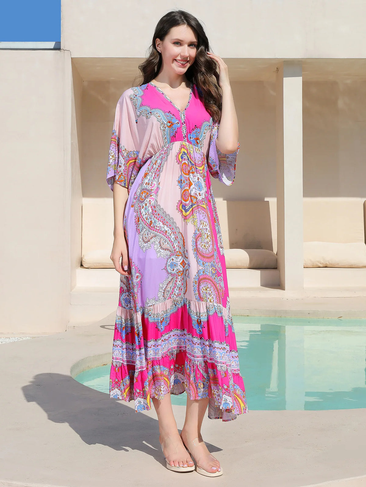 Bohemian Oversize Loose Elastic Waist Maxi Dresses Women Robe Cotton Rayon Floral Printed Long Dress Summer Boho Beach Cover up