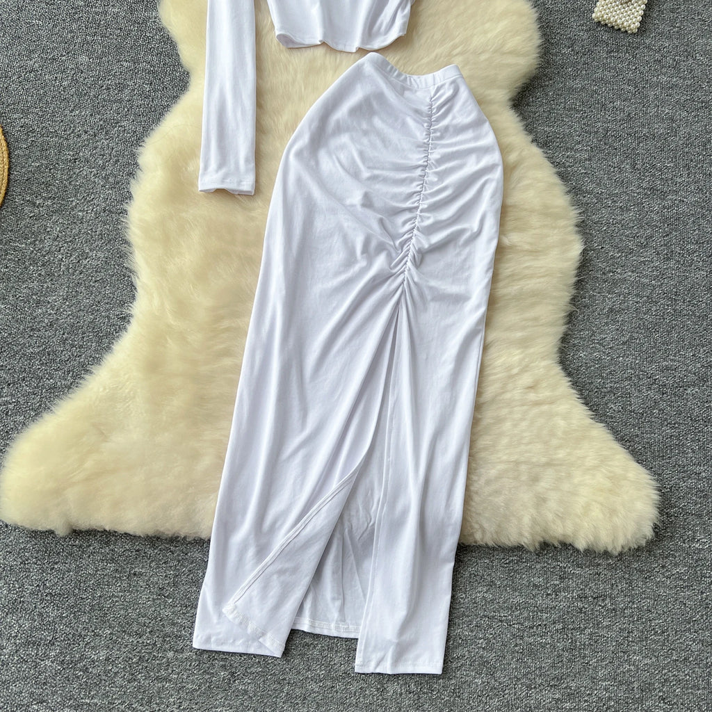 Chic Two-piece Sets One Shoulder Long Sleeve Diagonal Collar Blouse Basics High Waist Split Skirt High Street Vintage Clothing