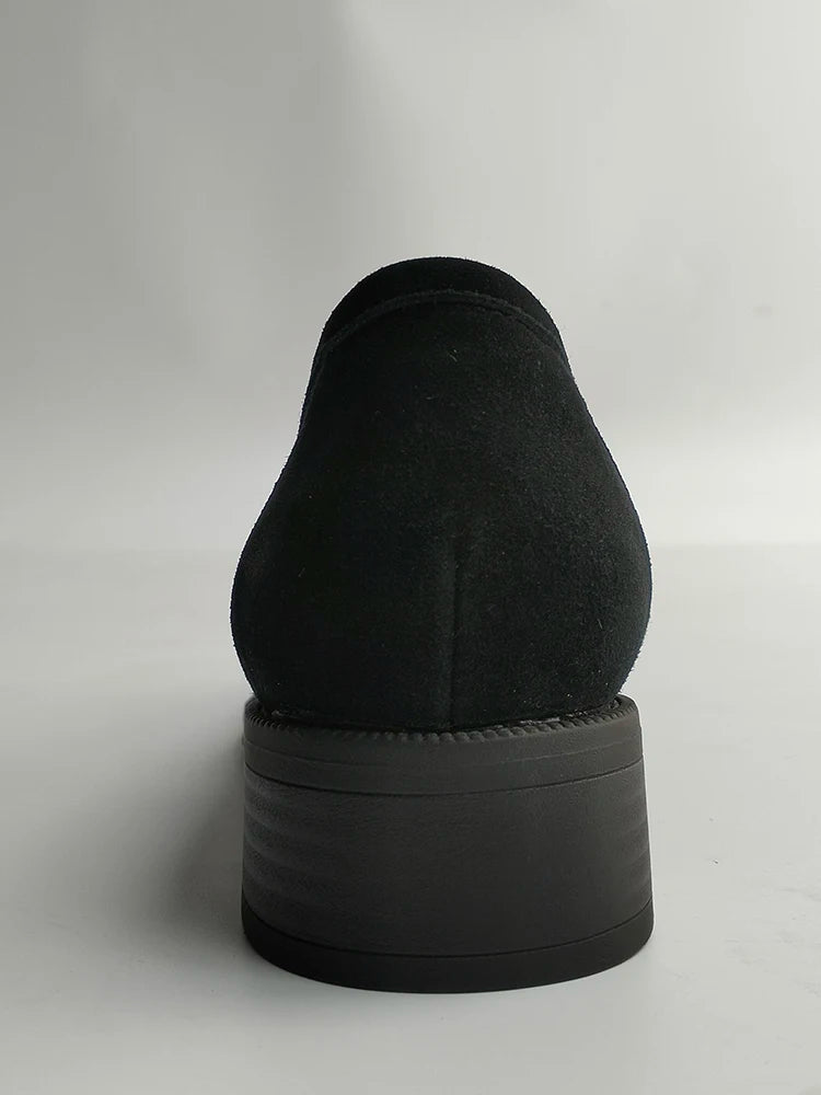 2025 NEW Trend Women Loafers Natural Suede Spring Autumn Ladies Low Block Heels Elegant Round Toe Black Brown Splicing Loafers