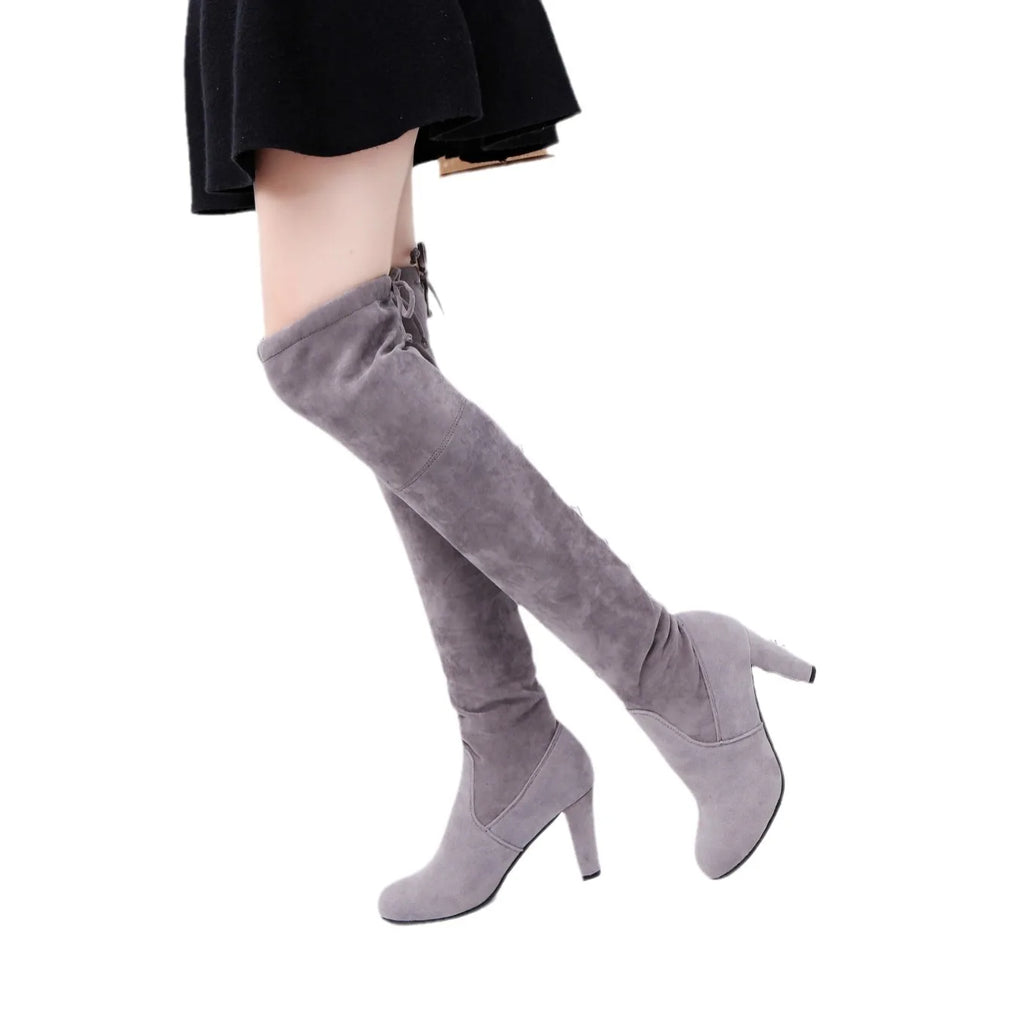 Suede Female Heels Autumn/ winter Zipper Elastic Knee-high Boots for Women Tube Lace-up Thigh Boots Black Botas