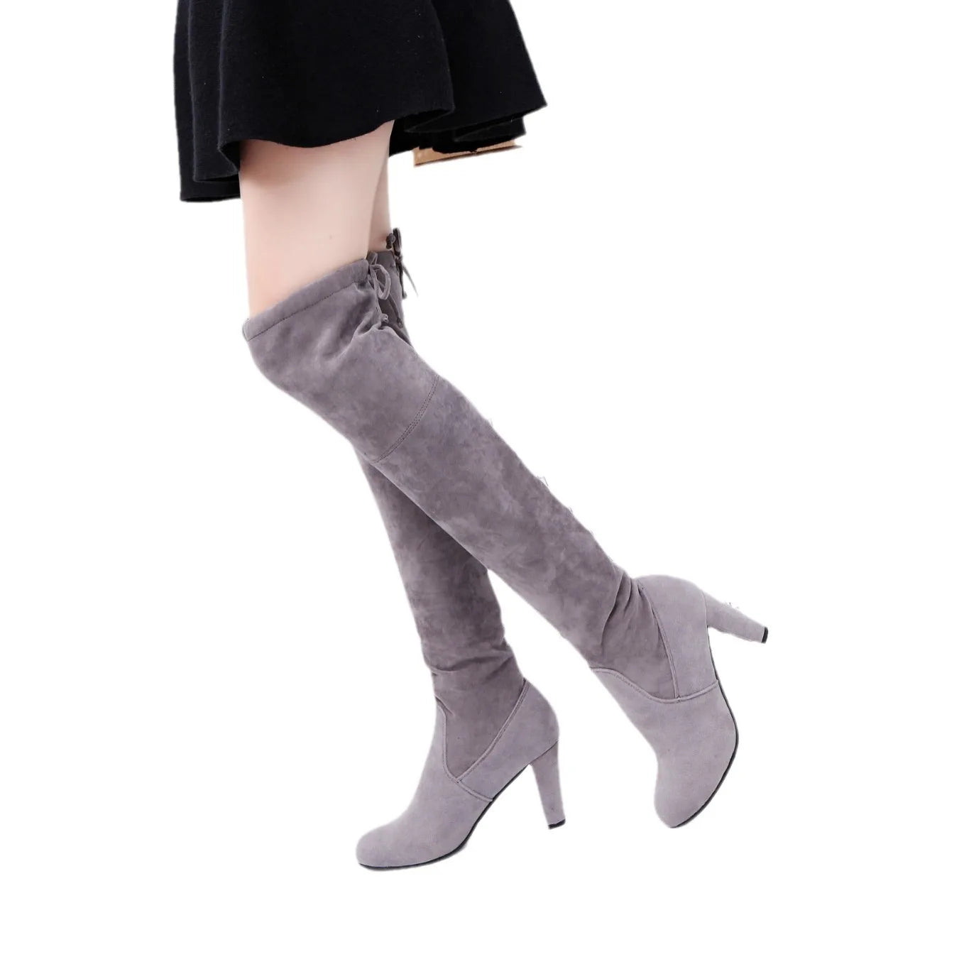 Suede Female Heels Autumn/ winter Zipper Elastic Knee-high Boots for Women Tube Lace-up Thigh Boots Black Botas
