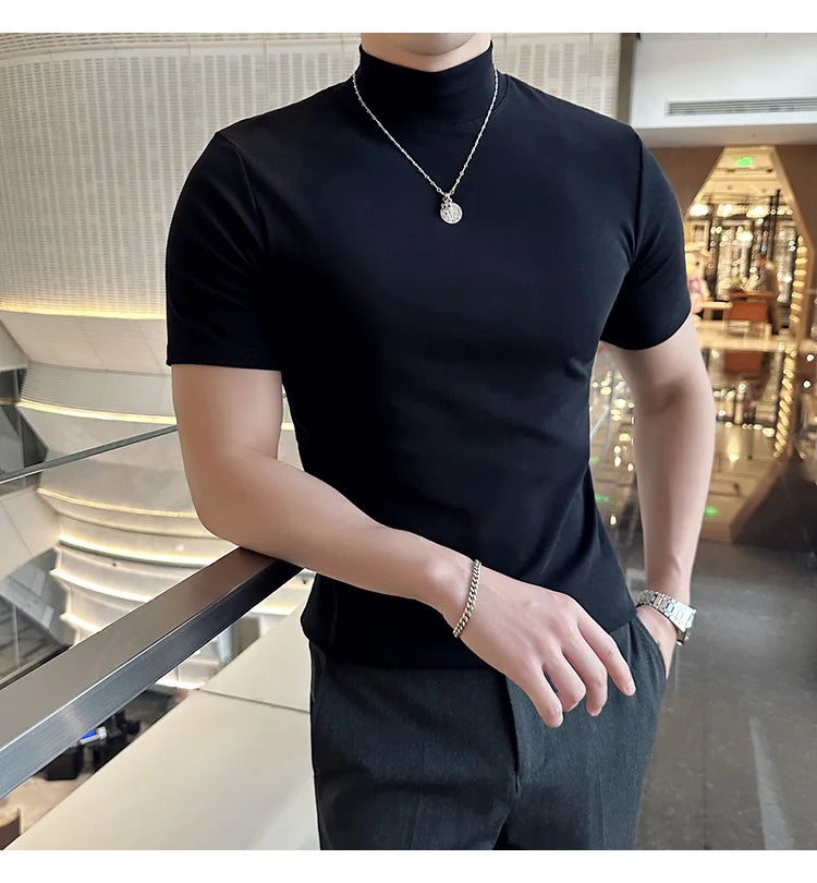 Spring Summer Men's Half High Neck Short Sleeve T-shirt Korean Slim Fit Solid Color Bottom Shirt Casual Cotton Elastic T-shirts