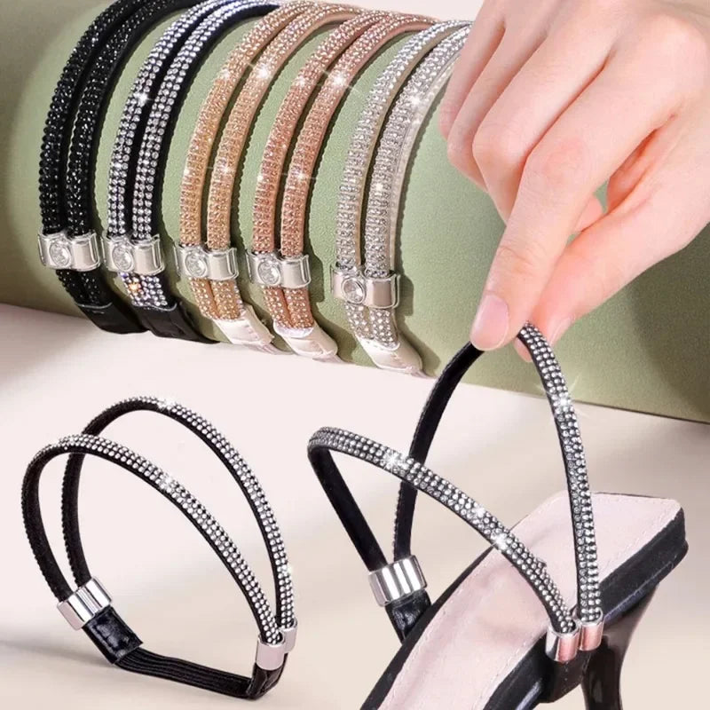 2pcs Anti-skid High Heels Shoes Band Women Rhinestone Shoelaces Triangle Bundle Anti-drop Straps Belt Drill Elastic Fixing Belts