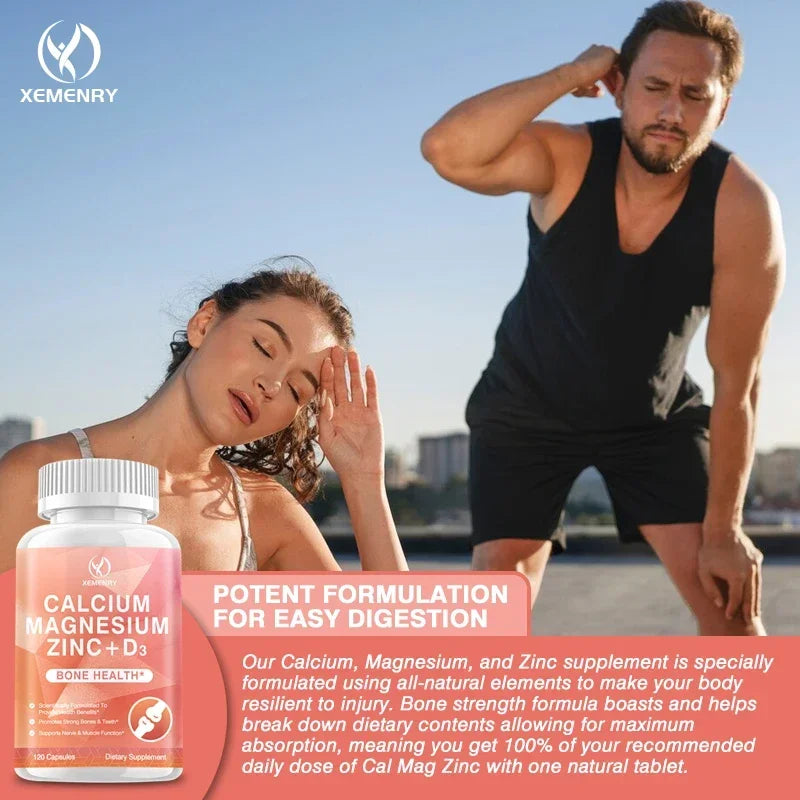 Calcium + Magnesium + Zinc + Vitamin D3 Capsules - Supports Bone and Nervous System Health and Improves Mood
