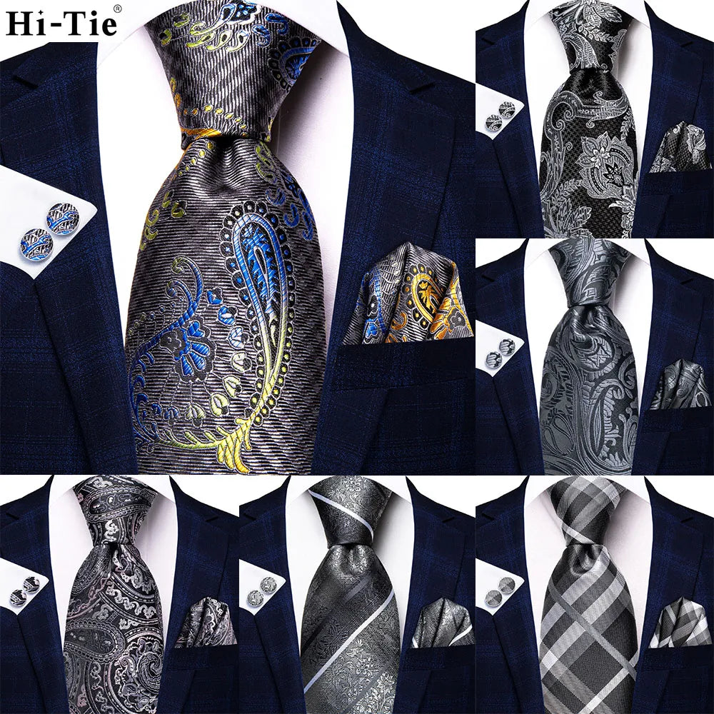 Hi-Tie White Grey Paisley 2026 New Mens Tie Hanky Cufflink Set Necktie For Men Wedding Party Business Men Tie Fashion Brand