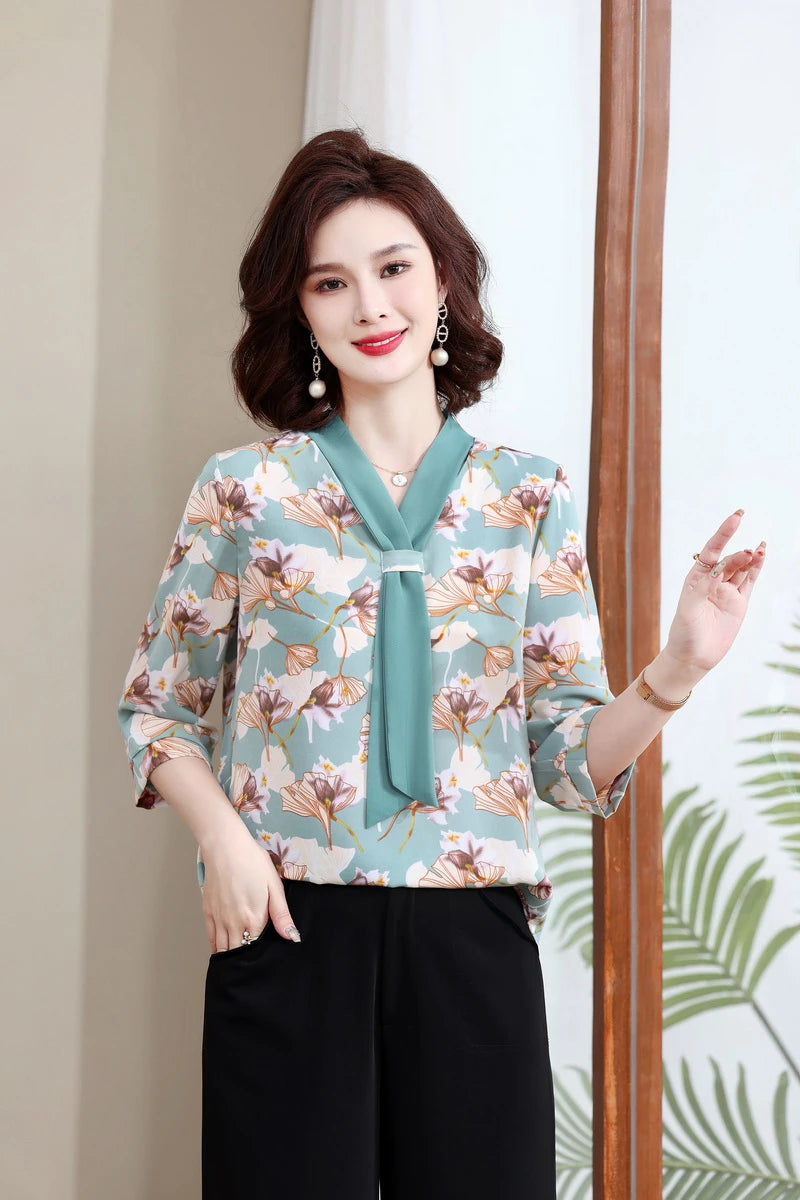 Fashion Printed Spring and Autumn shawl collar Women's Fashion Floral Checked Mid Sleeved Loose Chiffon Tops