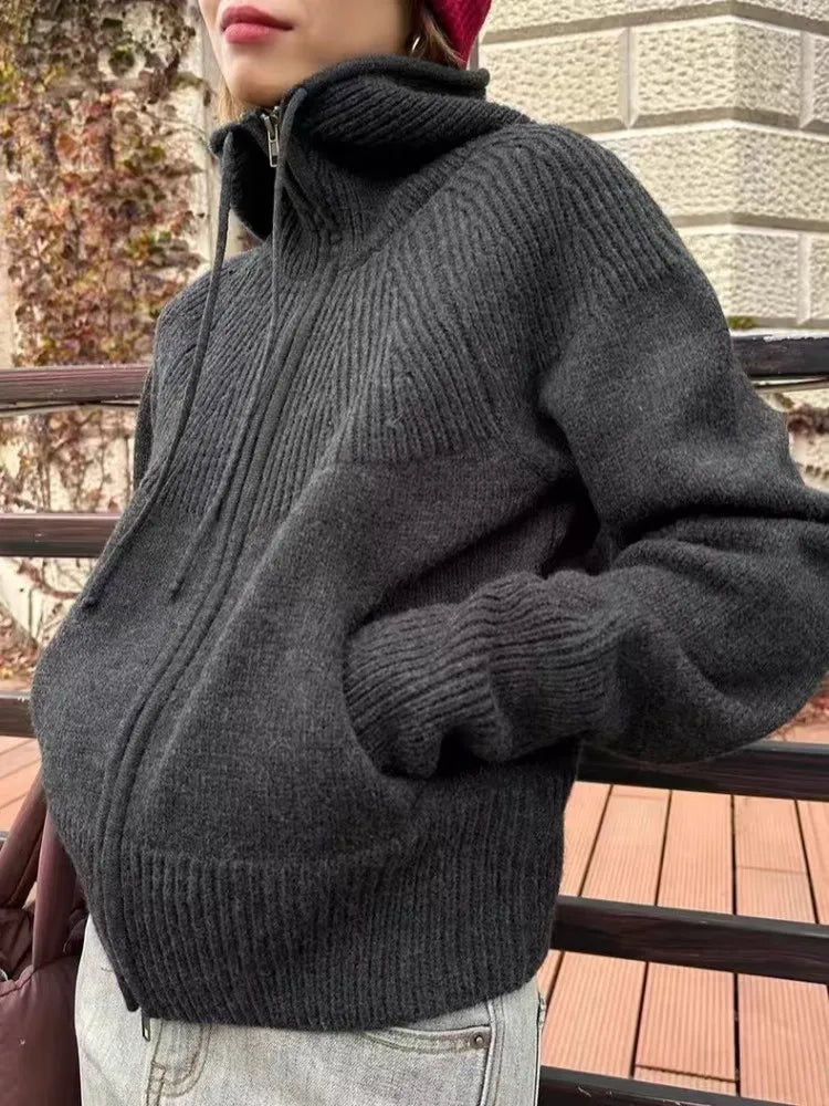 High-end double zipper hooded 100% cashmere knitted cardigan women's sweater loose hooded sweater for autumn winter wool coat