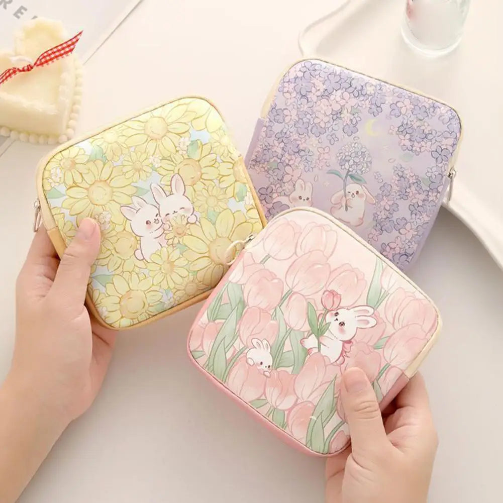 Cute Rabbit Floral Storage Bag, Mini Sanitary Napkin Organizer,Portable Cosmetic Pouch for Women,Data Cables Coin Purse Bag