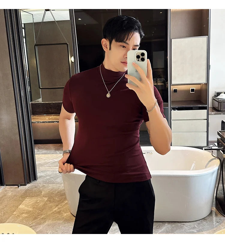 Spring Summer Men's Half High Neck Short Sleeve T-shirt Korean Slim Fit Solid Color Bottom Shirt Casual Cotton Elastic T-shirts