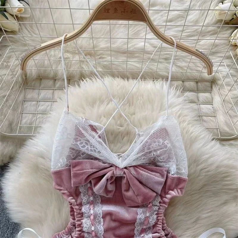 Sexy Cute Sweet Lace Backless Jumpsuit Women Slim Fit Bodysuit Girl Strap Bow knot Cosplay Hot Sweet Bow Ribbon Lingerie Dress