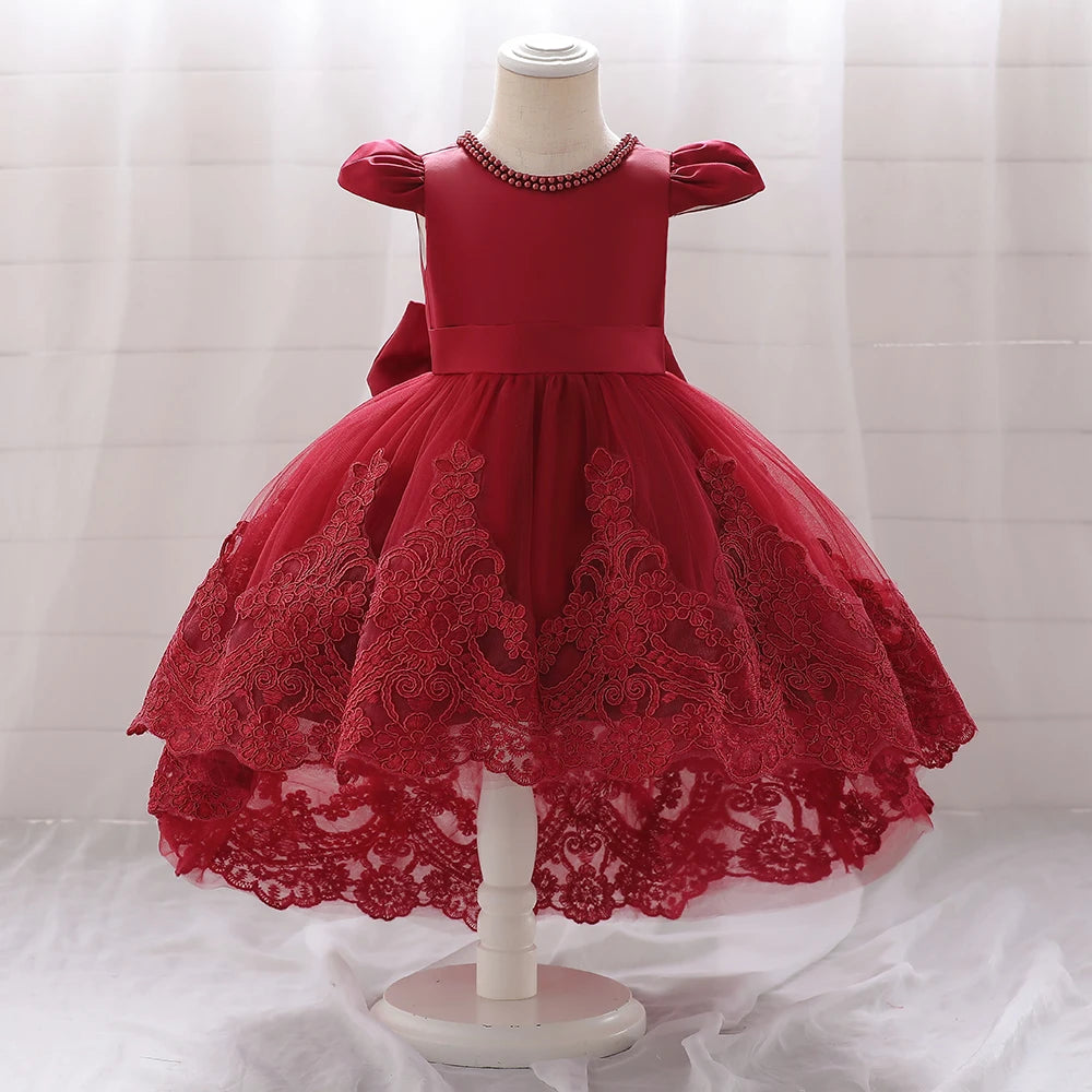Toddler Bow Baby Dress For Girls Beading Tulle Princess 1st Birthday Embroidery Kids Party Dresses for Girl Pink Baptism Costume