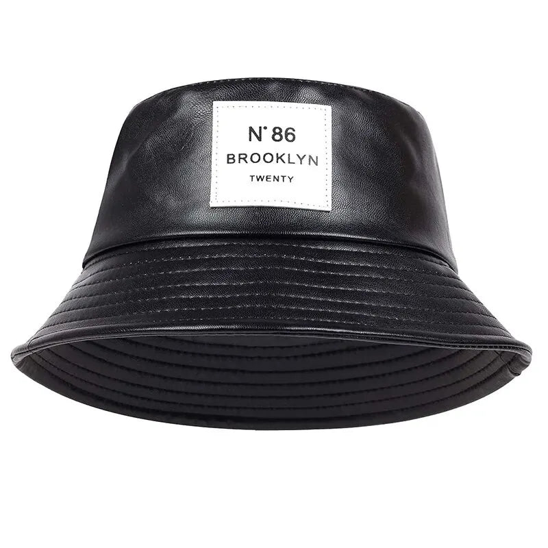 Unisex N86 Label Persönlichkeit PU Leder Fischerhüte Mützen Outdoor Freizeitkappe Sonnenhut