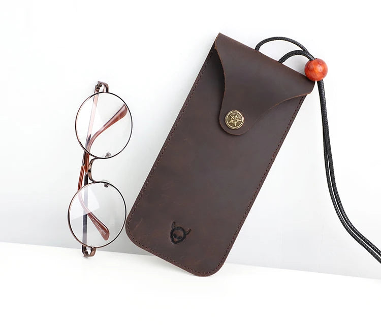 Solid Color Genuine Leather Reading Glasses Bag Case Handmade Leather Sunglasses Pouch Simple Eyewear Storage Pocket Accessories