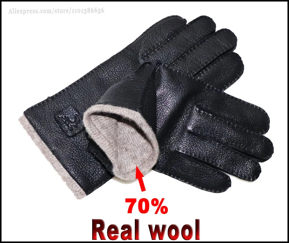 Men's and Women's High-end Buckskin Goat Leather Gloves Autumn and Winter Thin Warm Knitted Wool Lining Driving Leather Gloves