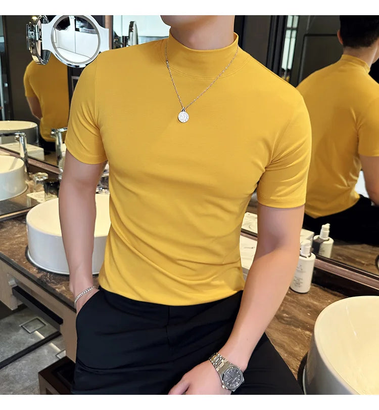 Spring Summer Men's Half High Neck Short Sleeve T-shirt Korean Slim Fit Solid Color Bottom Shirt Casual Cotton Elastic T-shirts