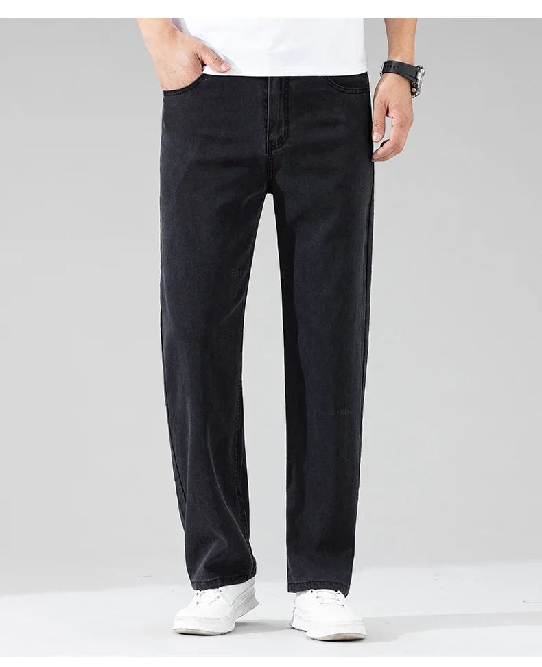 Lyocell Men's Black Jeans Summer Thin Loose Straight Soft Ice Silk Casual business Denim Pants male Elastic Wide Trousers