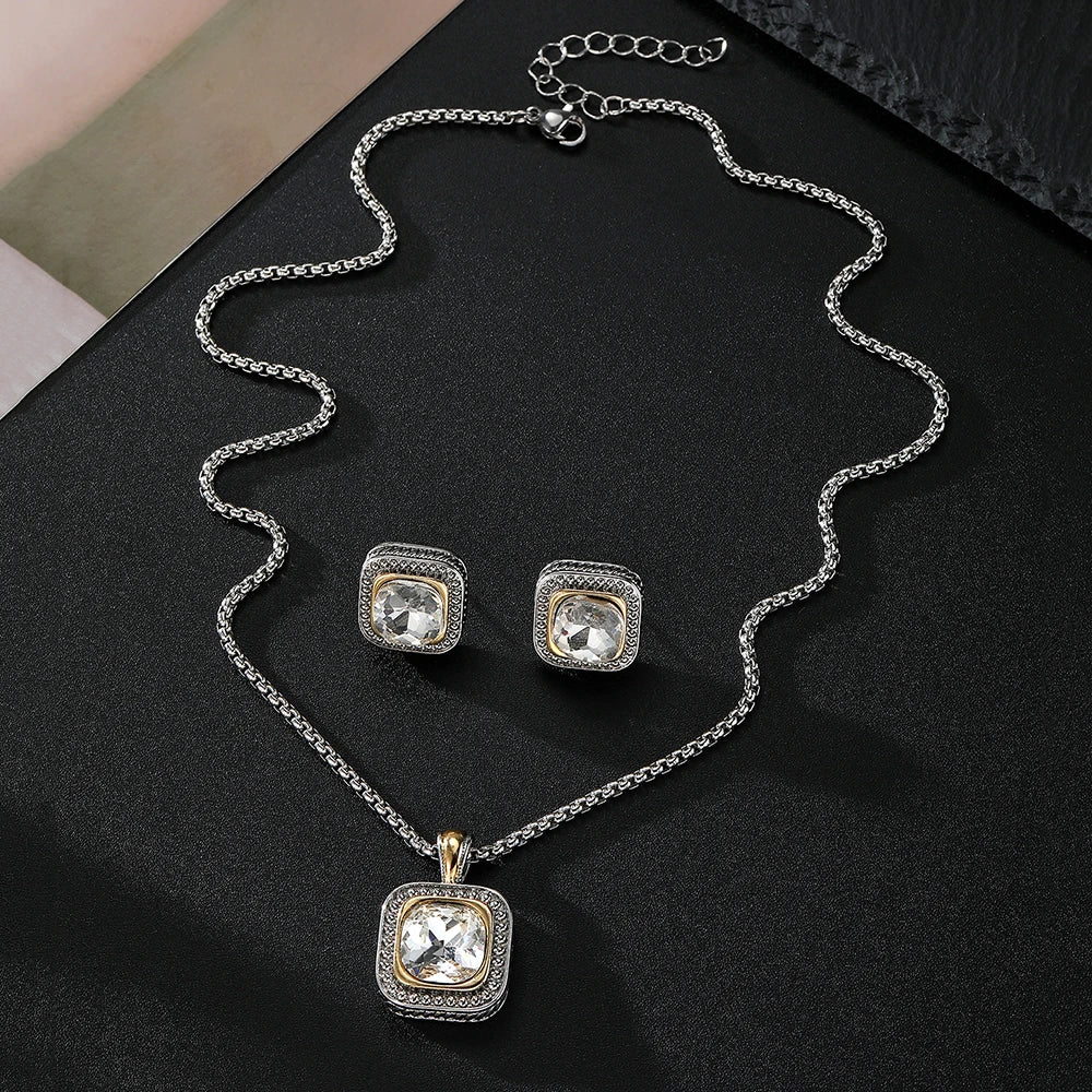 Zircon Necklace Set Geometric Square Pendant Earrings Copper Plated 18K Gold Jewelry Set