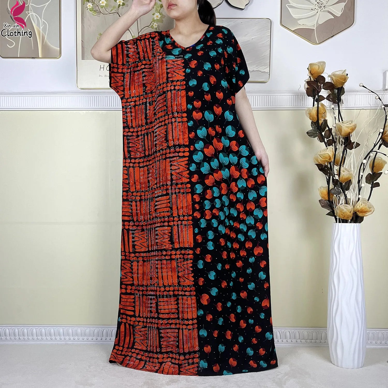 2025 New Summer Abaya Short Sleeve Dress With Big Scarf Printing Floral Loose Dress Islam Kaftan Women African Abaya Clothing