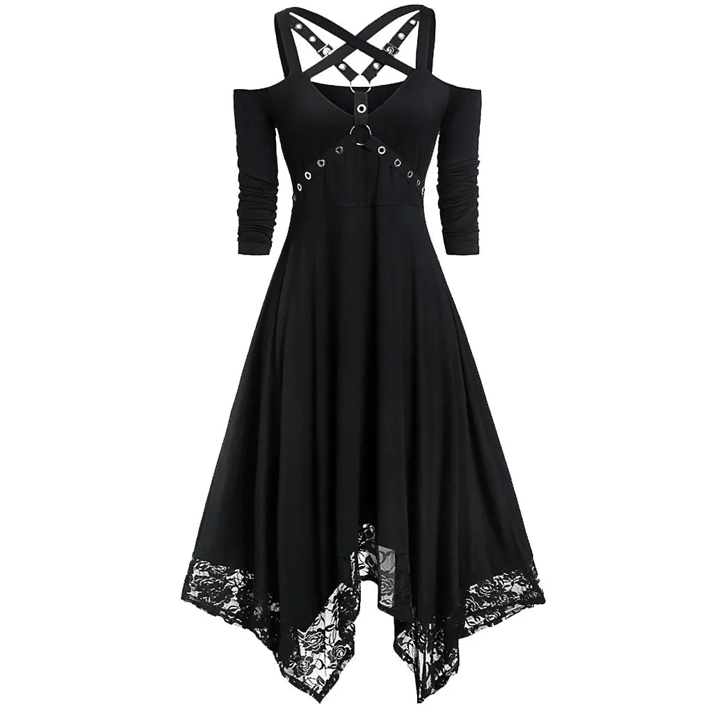 Halloween Plus Size Open Shoulder Elegant Party Dresses For Teens 2024 Lace Half Sleeve Gothic Dress Clothing Female