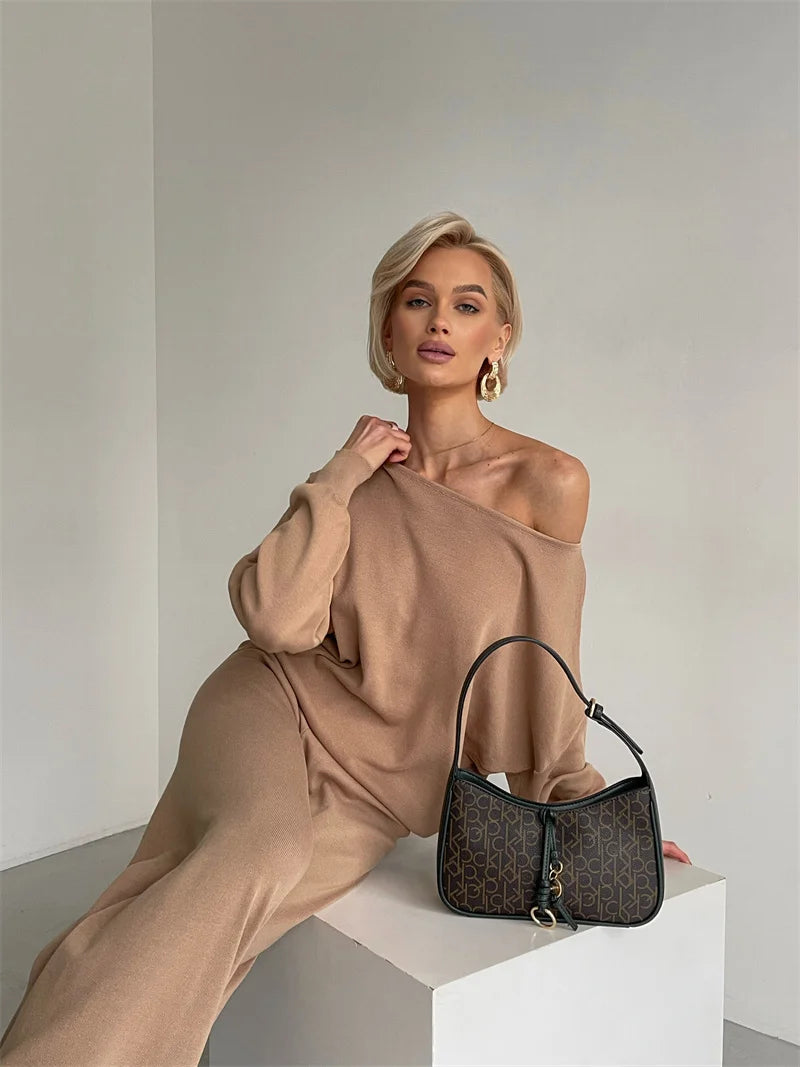 Elegant Winter Knit Pants Set Woman Sexy Loungewear 2 Piece Sweater Matching Sets Women Casual Knitted Two Piece Sets Women 2024