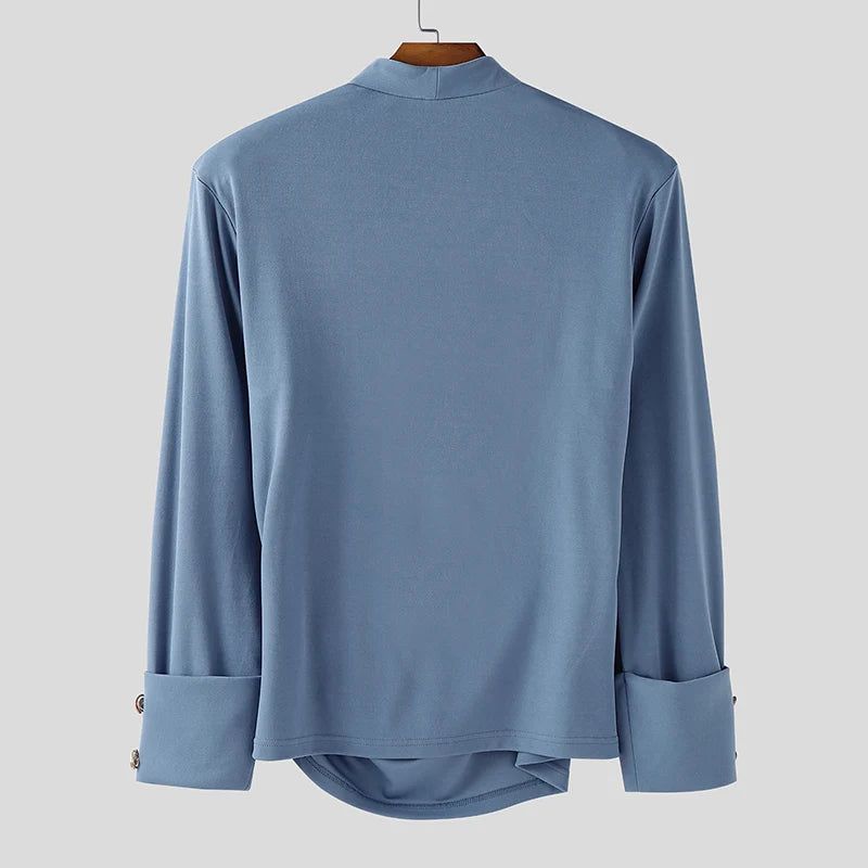 INCERUN Men Irregular Shirt V Neck Long Sleeve Solid Color Men Clothing Loose Pleated Streetwear 2025 Casual Irregular Shirts