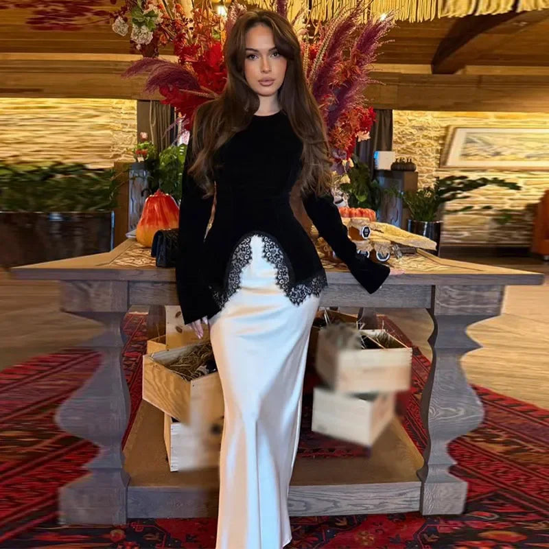 Elegant Lace Velvet Patchwork Women Top Flare Long Sleeve O-neck Split Female Blouse 2026 Spring Summer Lady Clothes New