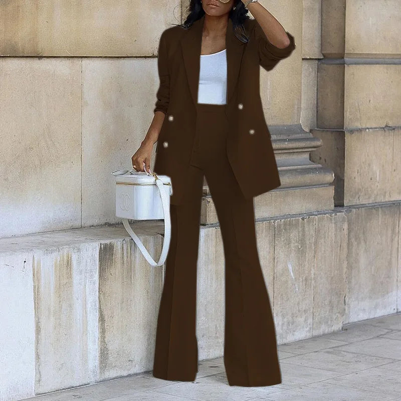 Fashion Wide-leg Trousers Women Blazer Set Autumn Winter Double-breasted Long Suit Coat Trousers Female Suit Office 2-piece Set