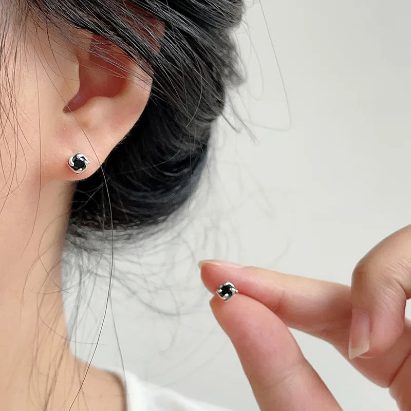 Mini Personality 925 Sterling Silver Square Black Crystal Stud Earrings for Woman Men Korean Designer Hip-hop Rock Jewelry Gifts