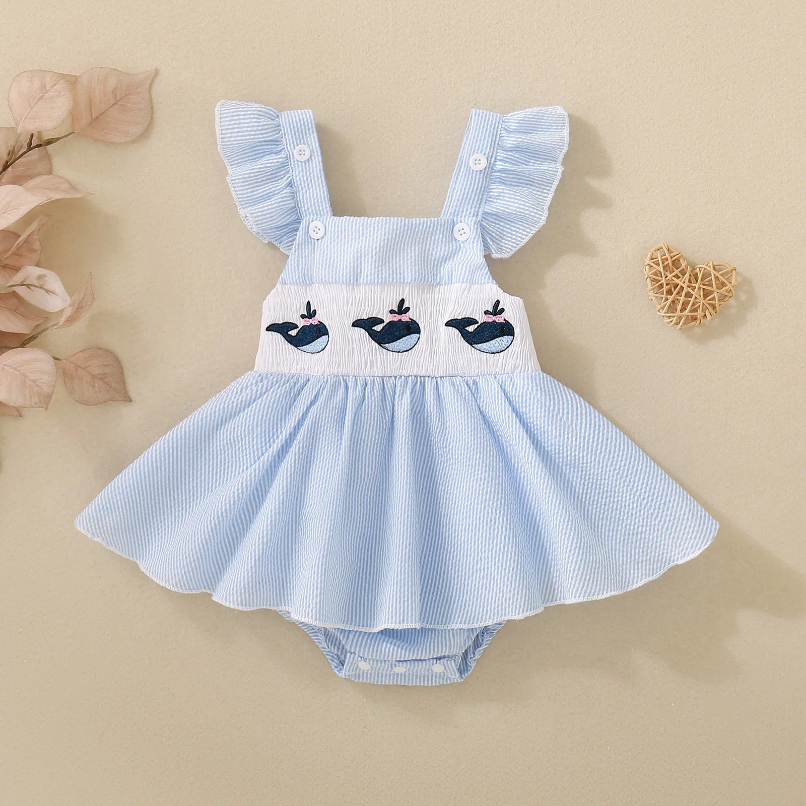 Summer female infant blue whale embroidery small flying sleeve triangular Romper casual cute
