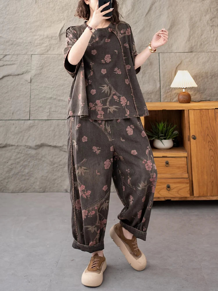 AmaxluluE 2025 Summer Women Denim Suits Loose Printed Two Pieces Sets Floral Outfit O Neck Tops Tees Vintage Jeans Fashion Pants
