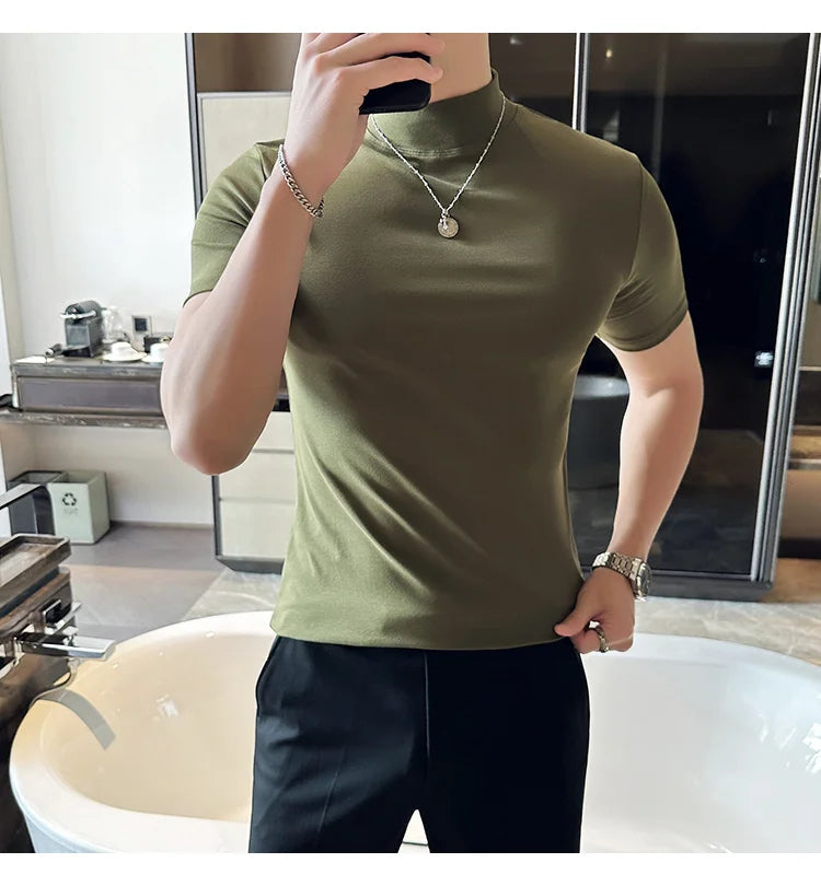 Spring Summer Men's Half High Neck Short Sleeve T-shirt Korean Slim Fit Solid Color Bottom Shirt Casual Cotton Elastic T-shirts