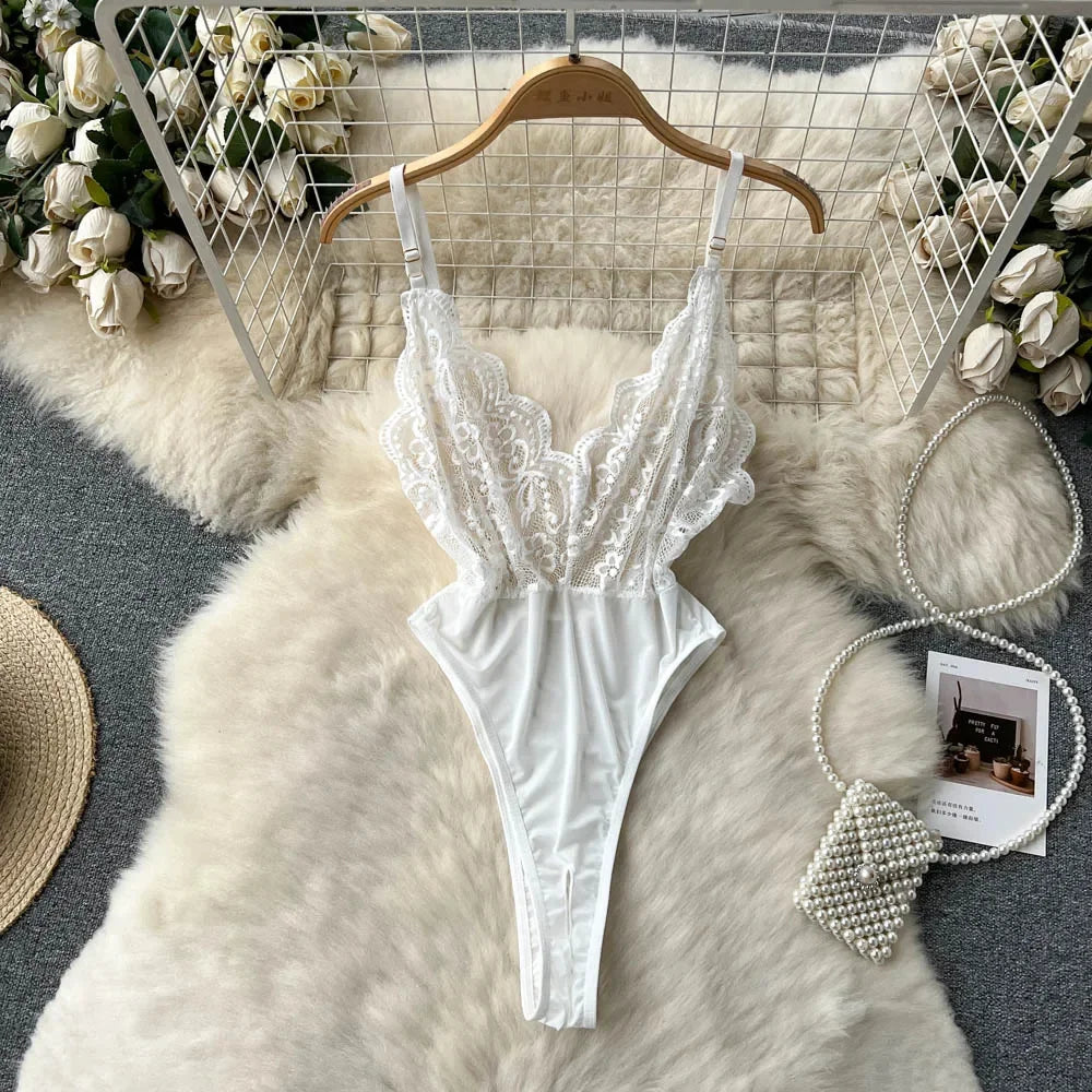 Sexy Cute Sweet Lace Backless Jumpsuit Women Slim Fit Bodysuit Girl Strap Bow knot Cosplay Hot Sweet Bow Ribbon Lingerie Dress