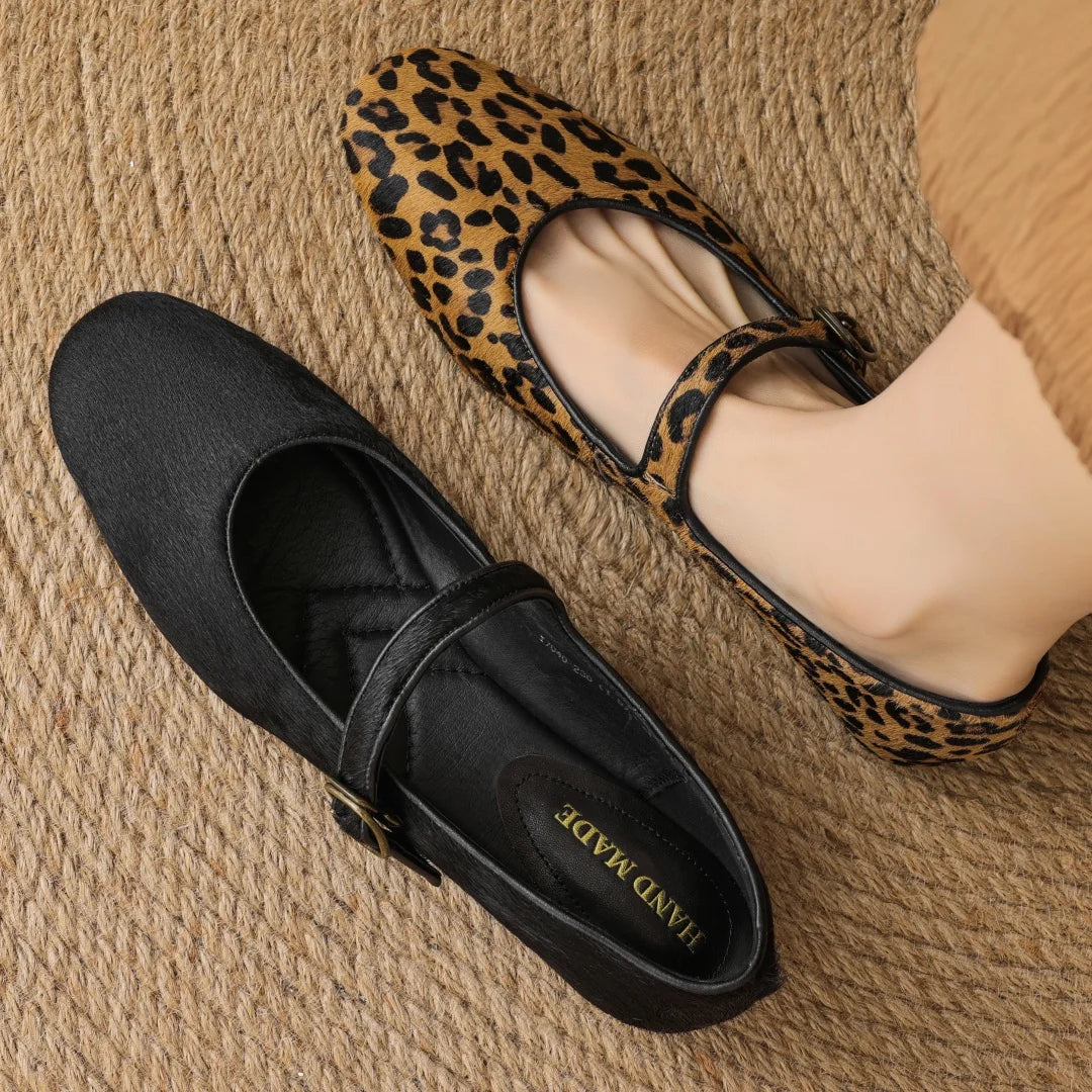Plus size 34-43 women's leopard horsehair slip-on Mary Jane flats round toe casual female slim daily ballerinas shoes for woman