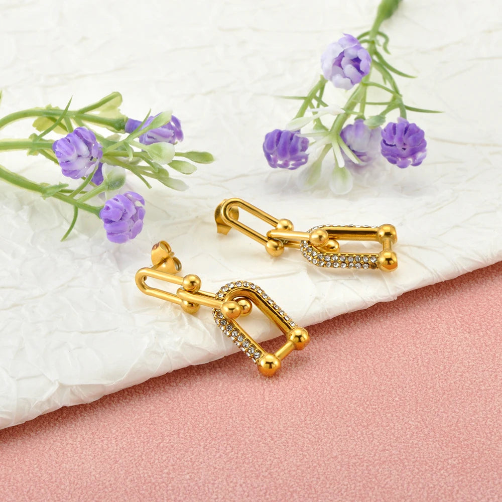 JeeMango 316L Stainless Steel Unique Zircon Horseshoe Earrings for Women Gold Plated U Shape Hoop for Wedding Jewelry Party Gift