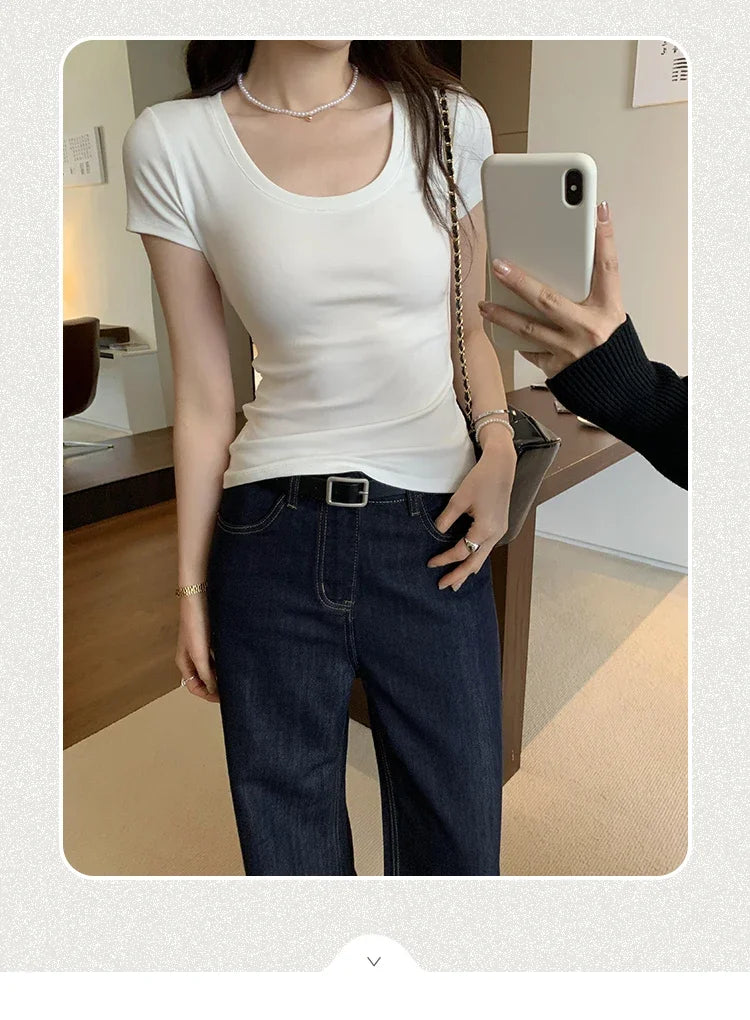 Spring Summer New Short Sleeve T-Shirt Women Solid Simple Casual Soft All-Match Hot Basic Slim Tops Tees Summer Fashion 2026